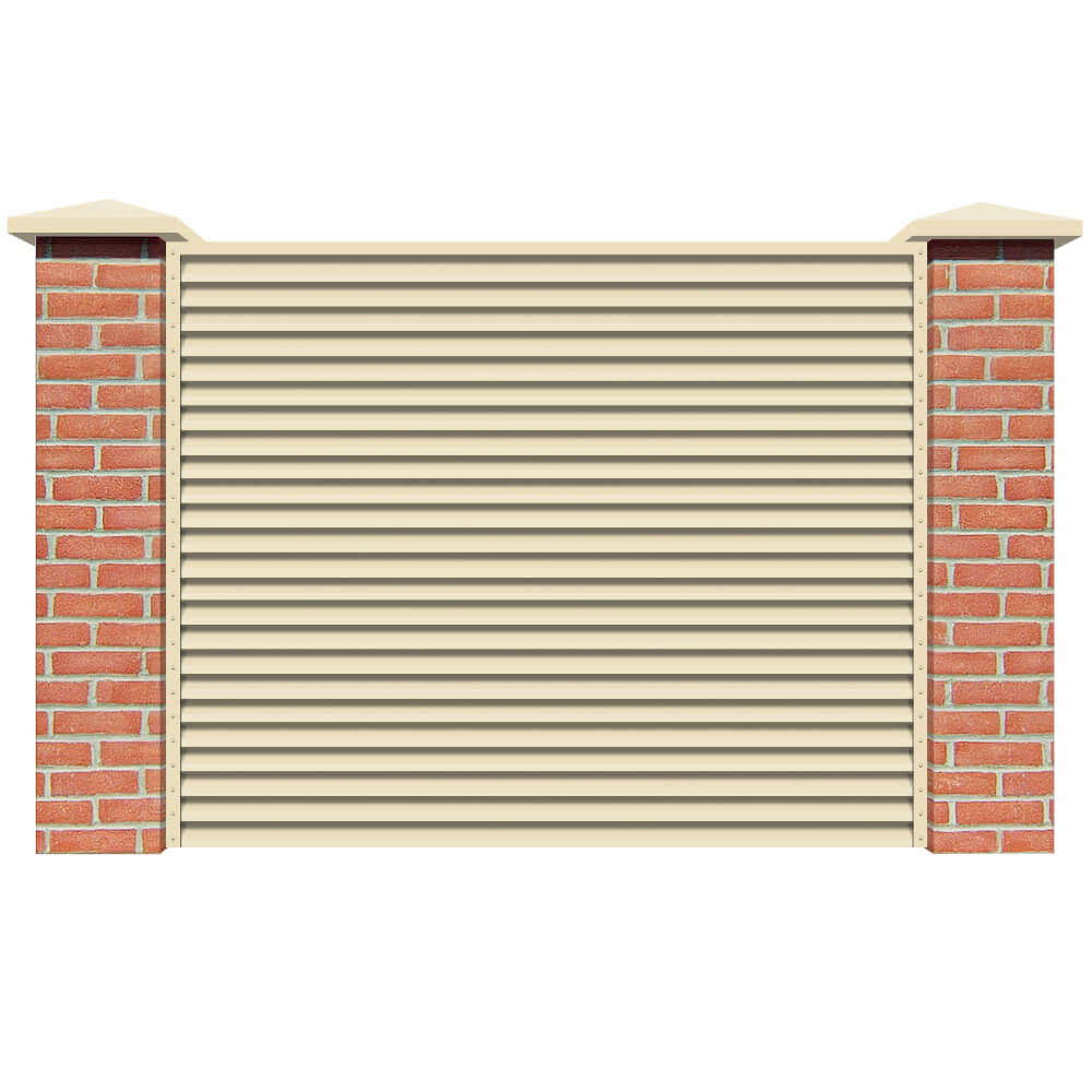 Секция забора жалюзи из ламелей Жалюзи ЭКО-Z RAL1015 Слоновая Кость с кирпичными столбами анфас